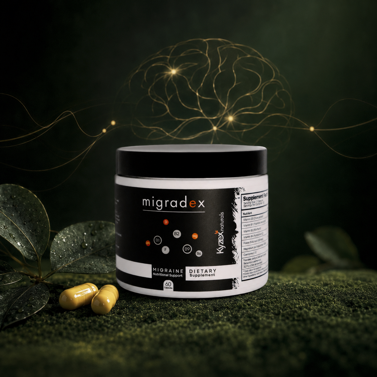 Migradex bottle with golden brain line art on a deep forest green background