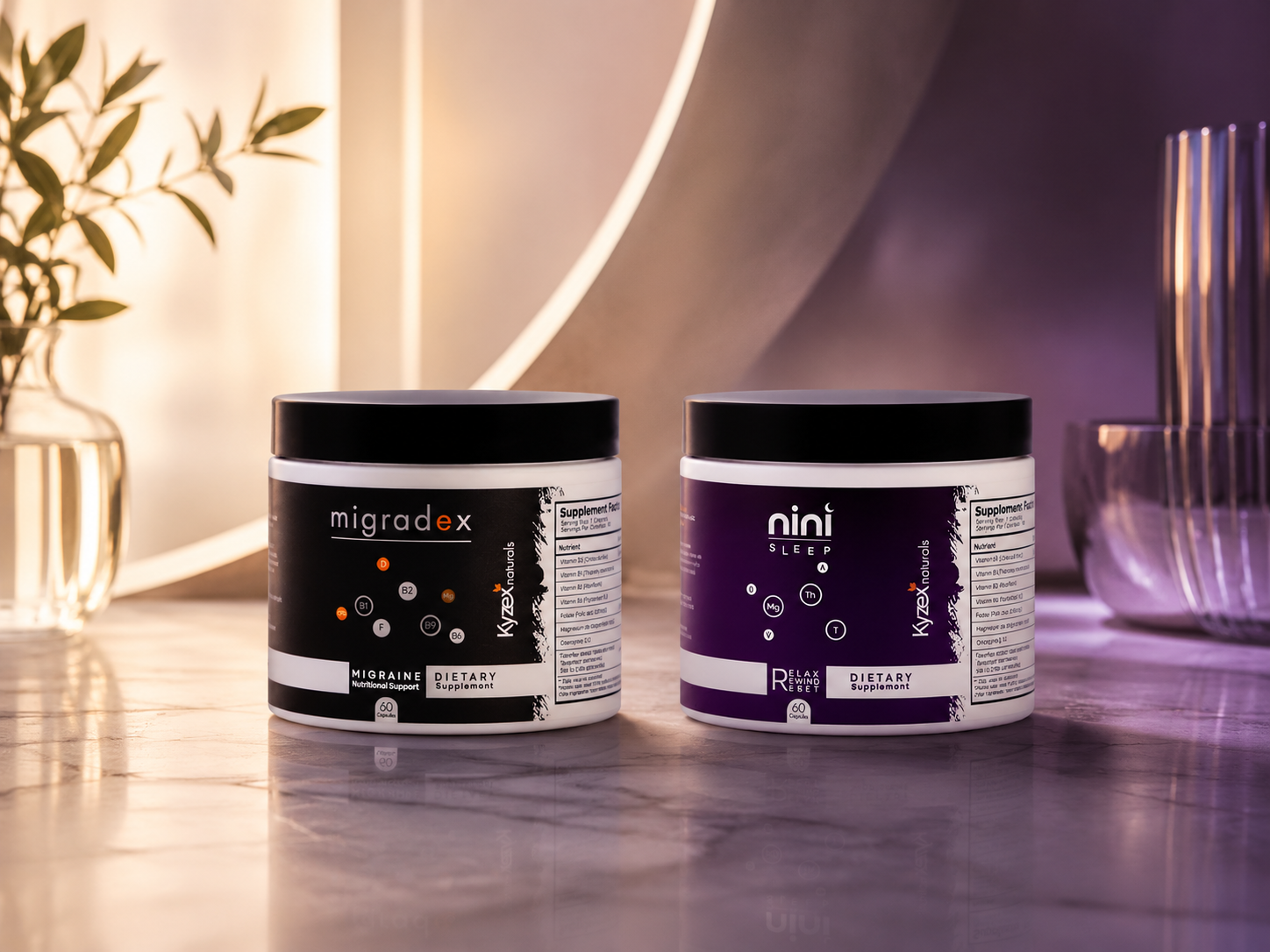 Migradex daytime and nini nighttime supplement bottles